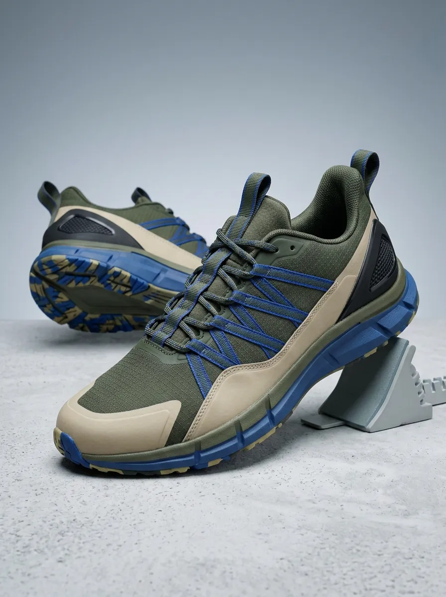 Men's Olive Green Blue Lace-up Outdoor Printed Sneakers