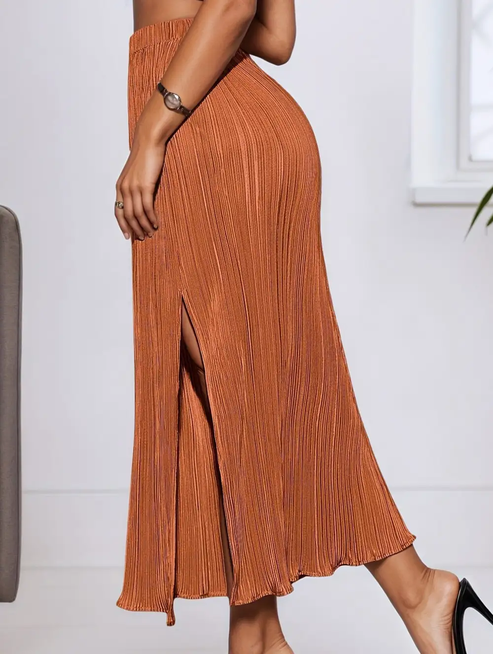 High Waist Slit Pleated Skirt