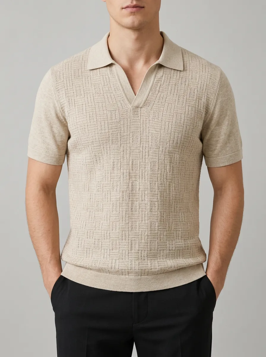 Men's Casual Beige Textured Geometric Pattern Knit Polo Shirt