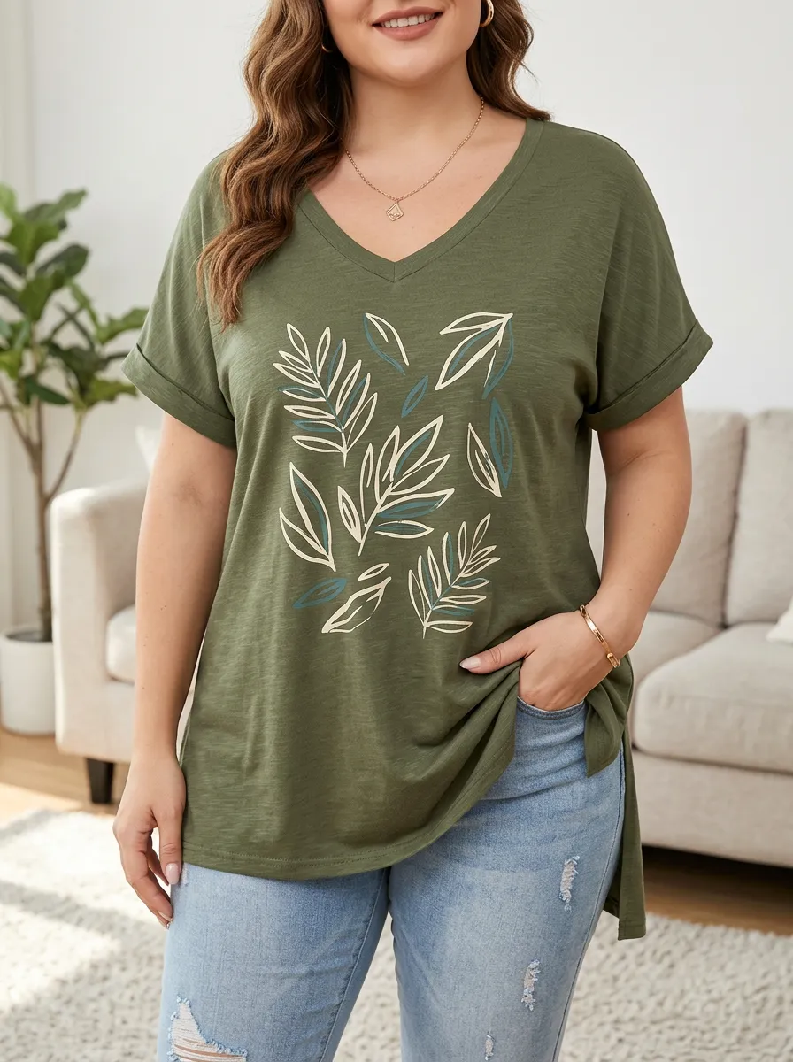 Women's Plus Size Olive Green Leaf Print V-Neck T-Shirt