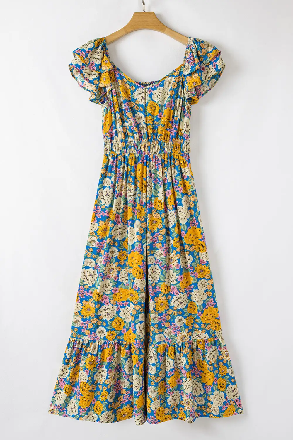 Floral Allover Print Shirred Panel Detail Jumpsuit