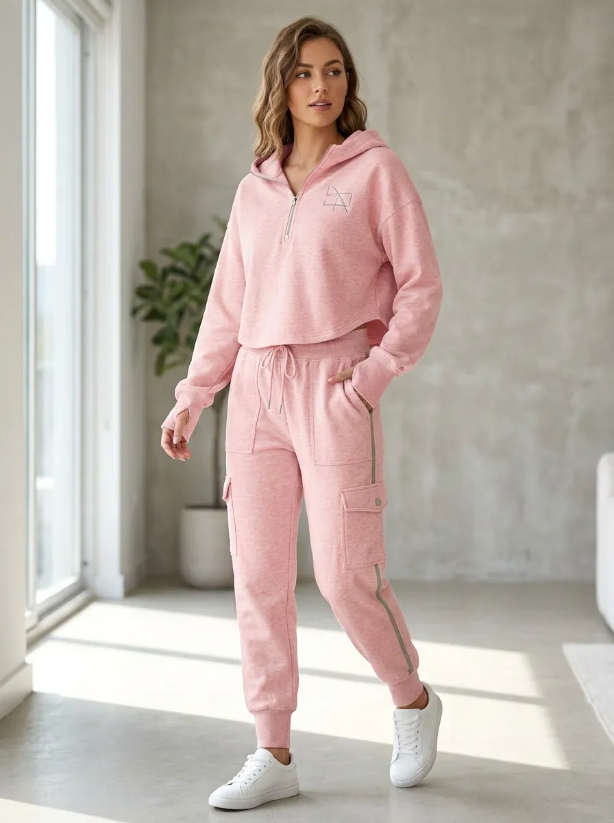 Women's Minimalist Logo Beige Printed Quarter-Zip Hoodie Cargo Jogger Set