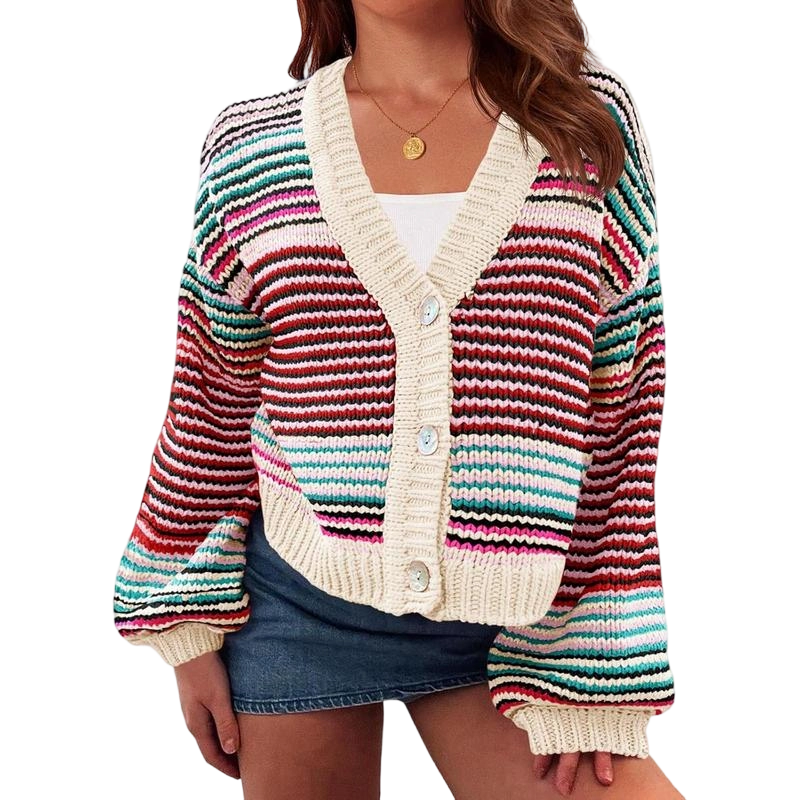 Womens Striped Cardigan Sweaters Oversized Puff Sleeve Button Up V Neck Color Block Knit Sweater Coat
