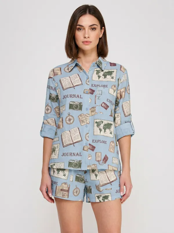 Women's Travel Lover World Map Camera Journal Printed Shirt