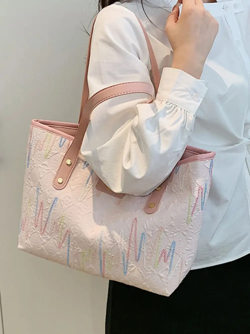 Contrast PU Leather Tote Bag