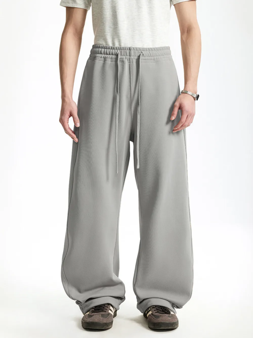 Curved-Leg Relaxed-Fit Drawstring Casual Pants
