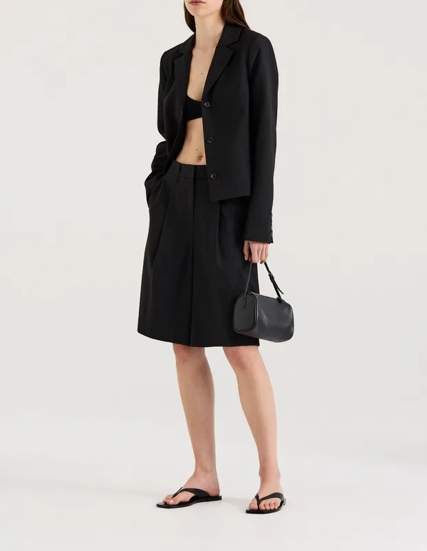 Black with Blue Pinstripe Pleated Bermuda Shorts