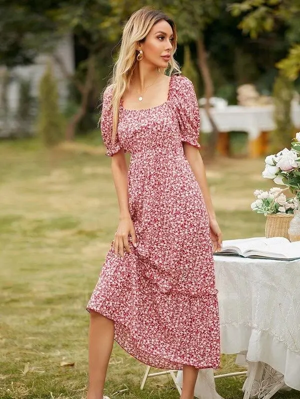 Women Square Neck Ditsy Floral Frill Trim Dress