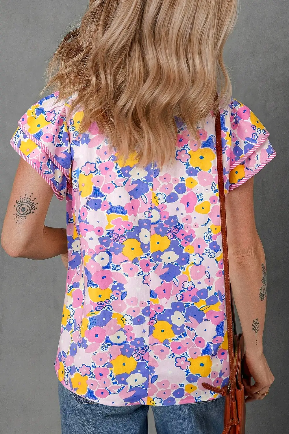 Pink Playful Floral Print Striped Color Block Patchwork V Neck Flutter Sleeve Blouse