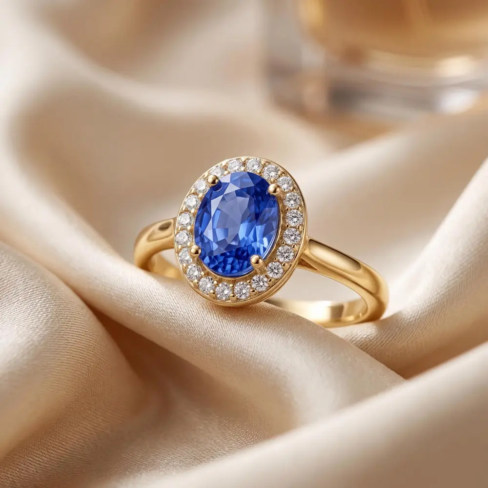 Simulated Sapphire Oval Halo Ring