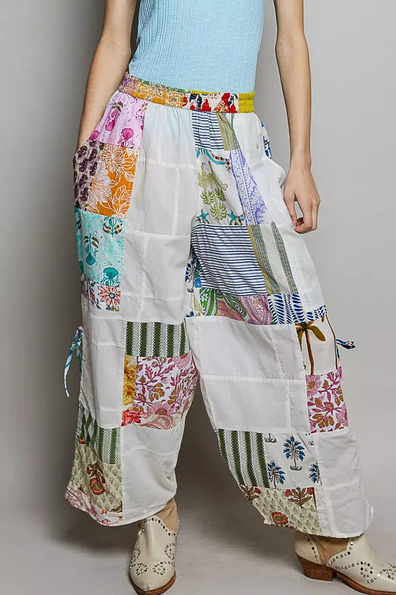 Relaxed Printed Patchwork Wide Leg Pants With Adjustable Side Drawstring