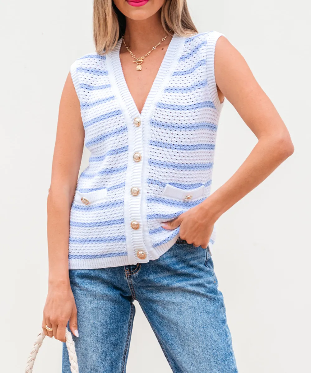 Stripe V-Neck Gold Buttons Elegant Sweater Vest