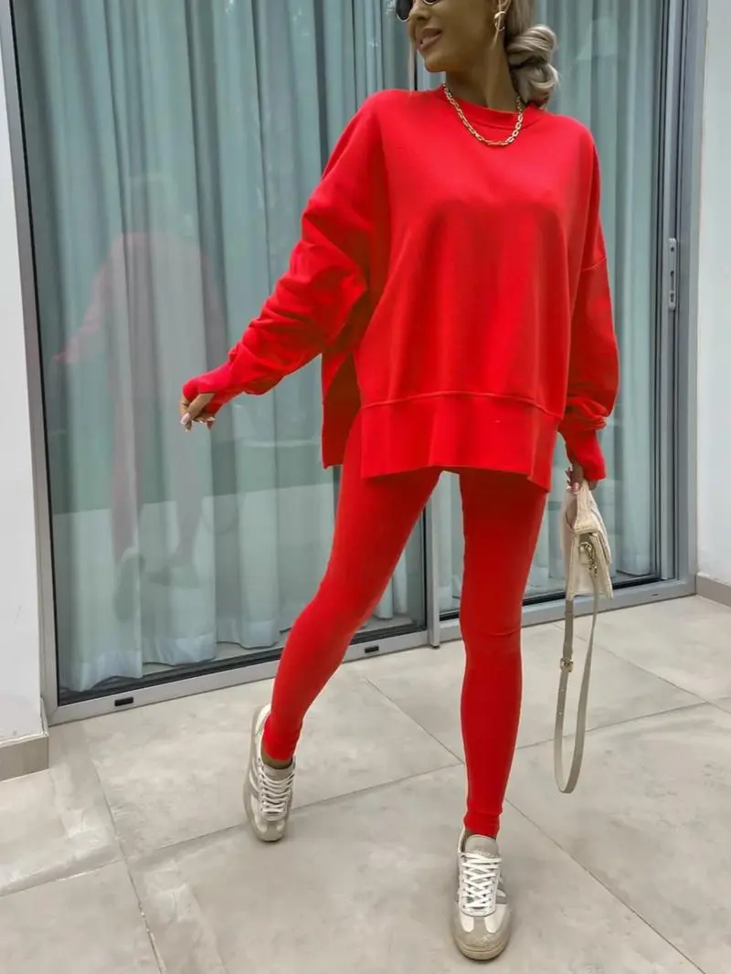 🔥6 PACKS $23.97🔥Women Casual Two Piece Outfits Oversized Pullover Sweatshirts with Thumb Hole Slit Ribbed Pants