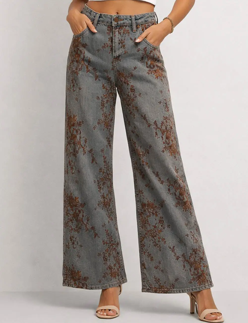 Vintage Floral Jacquard Wide Leg Denim Pants