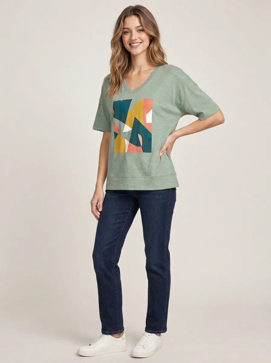 Relaxed Women's Abstract Geometric V-Neck Graphic Tee