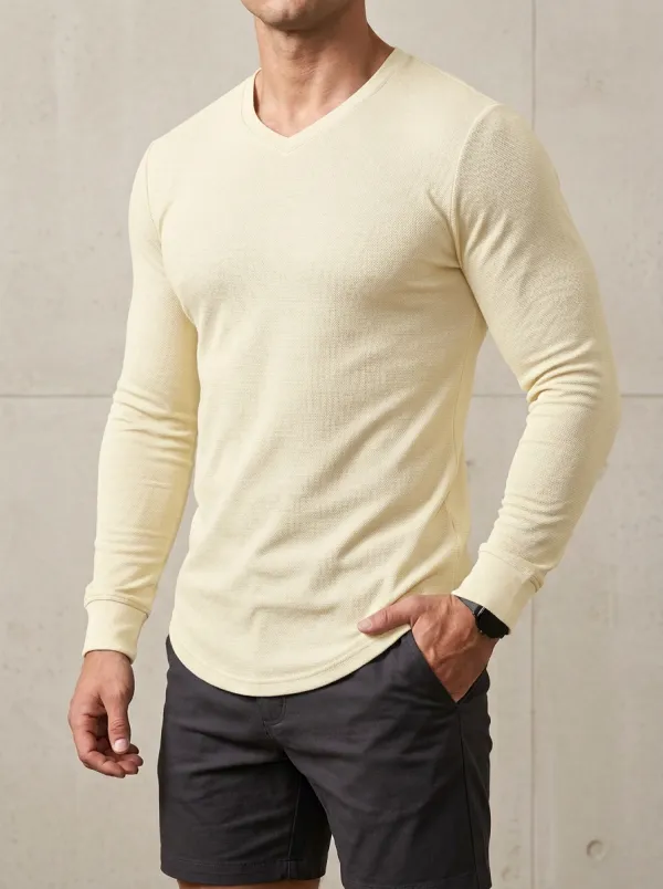 Streamlined Ribbed Textured Curved Hem Clean Look Men's Slim Fit Short Sleeve T-Shirt