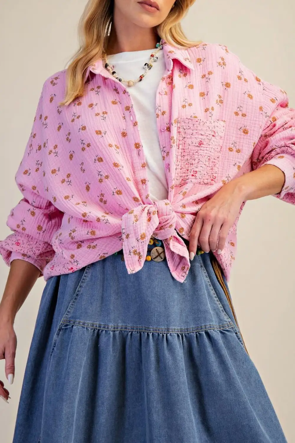 Floral Gauze Button Front Collared Shirt
