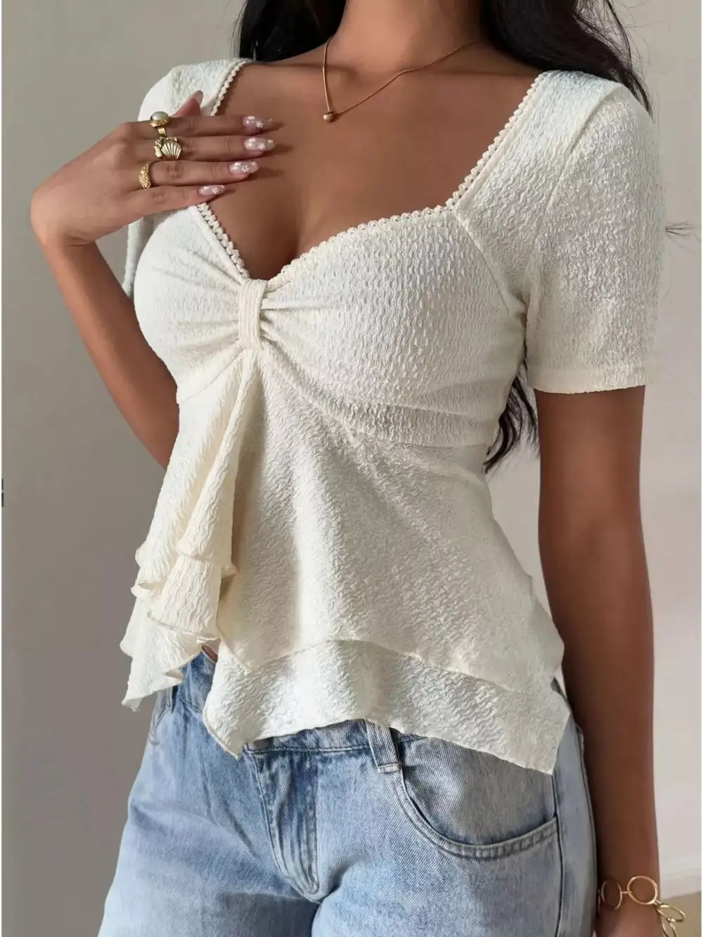Sweetheart Neck Layered Ruffle Ruched Short Sleeve Top