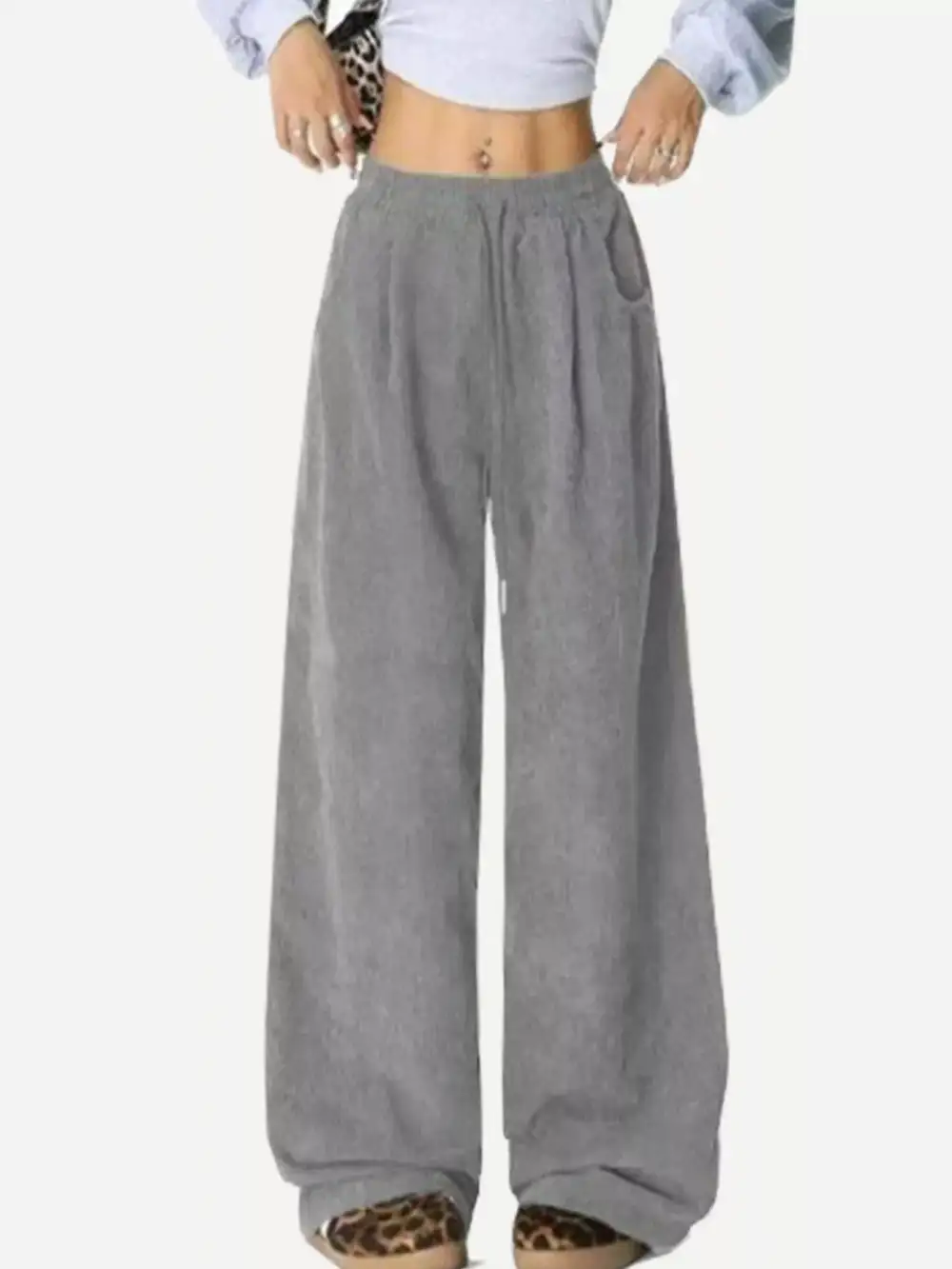 Wide Leg Corduroy Drawstring Pocketed Pants