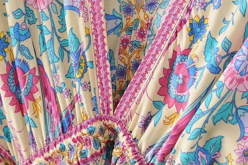 Wild Peacock & Flowers V-Neck Maxi Dress
