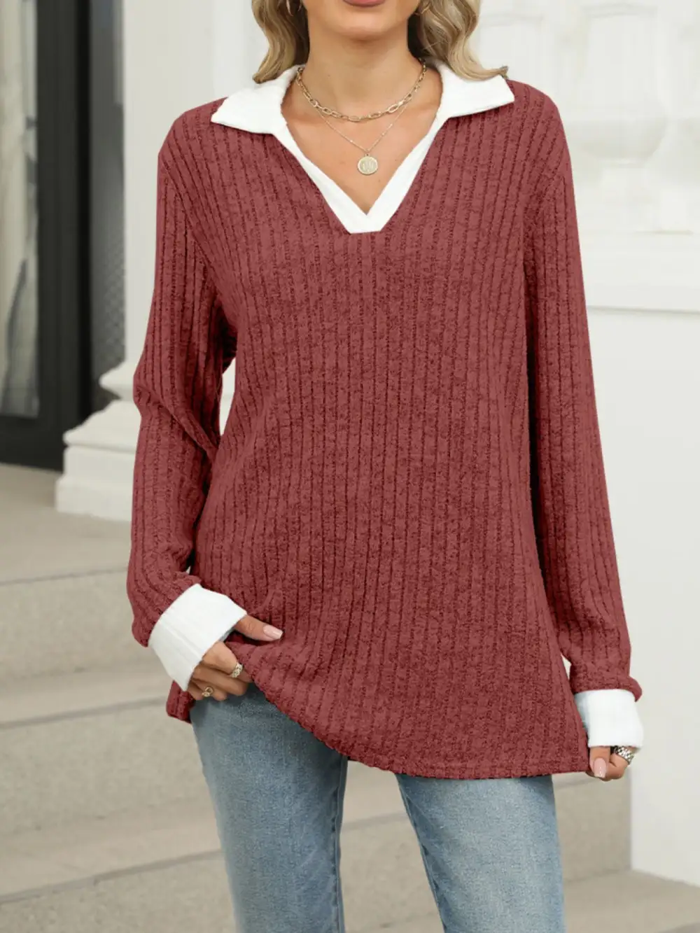 Modern Ribbed Knit Long Sleeve T-Shirt
