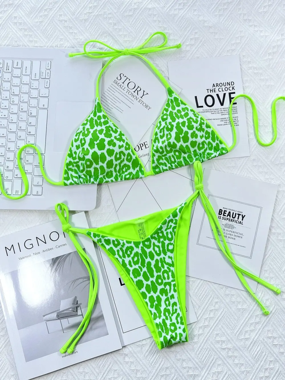 Leopard Print Halter Neck Tie Bikini Swim Set