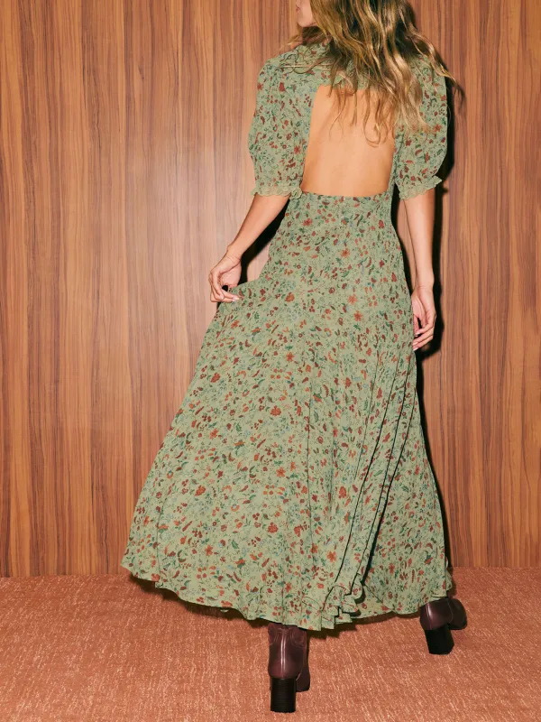 V Neck Floral Print Asymmetric Maxi Dress