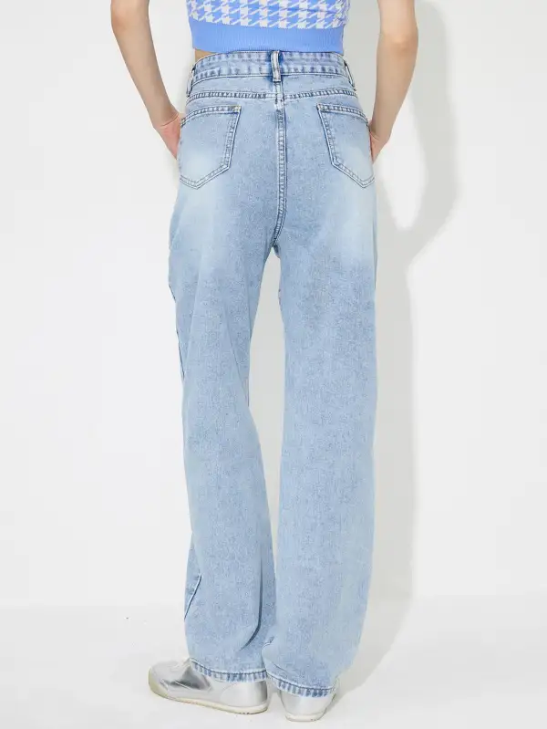 Textured High Waist Straight Leg Pocketed Denim Jeans