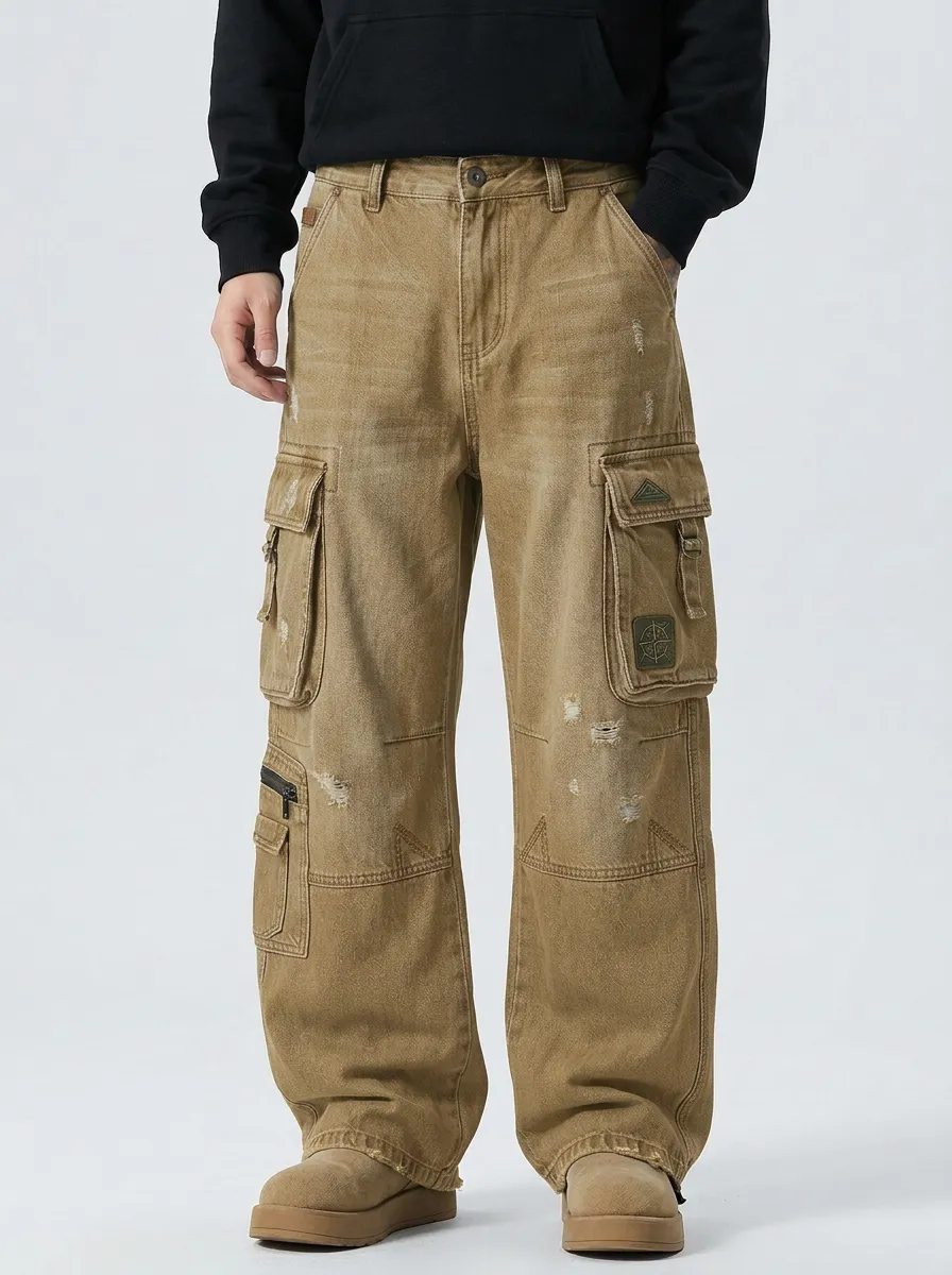 Men's Distressed Denim Patchwork Multi-Pocket Cargo Pants