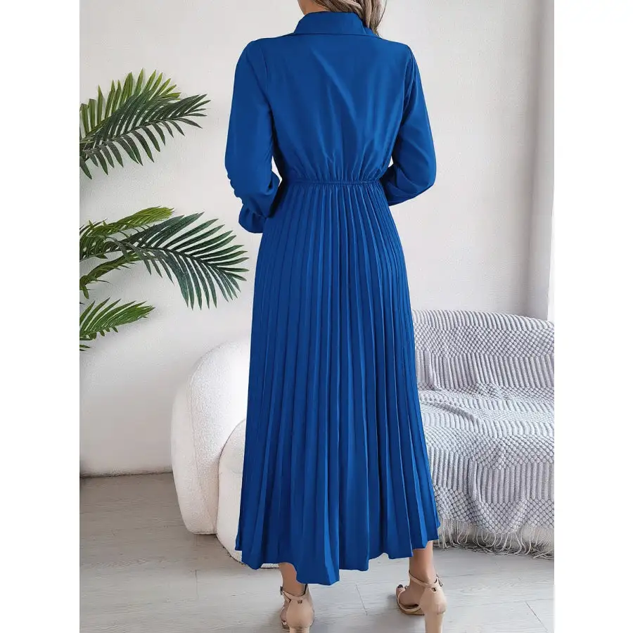 Pleated Half Button Long Sleeve Midi Dress