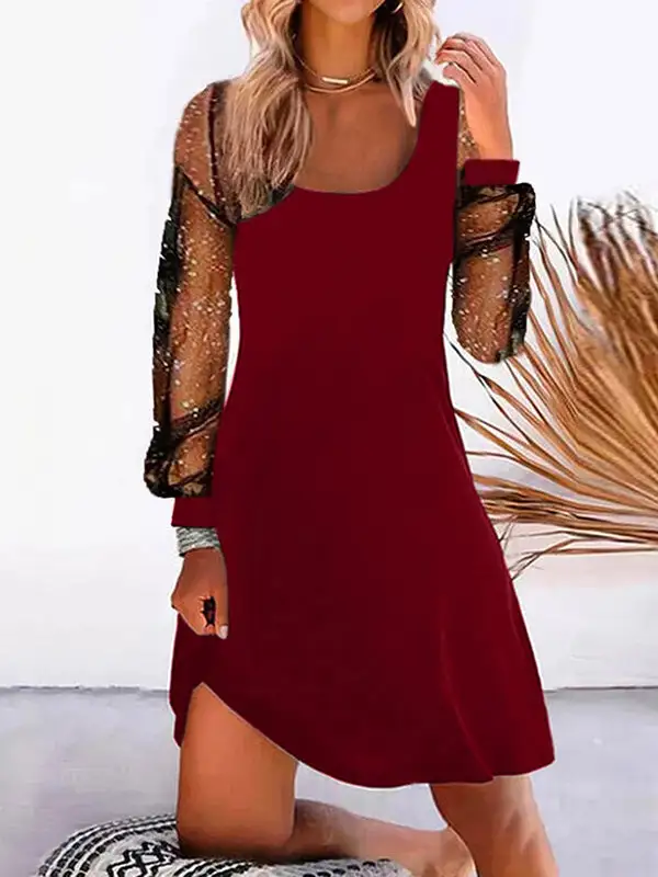 A Line Long Sleeve Mesh Split Joint U Neck Mini Dress