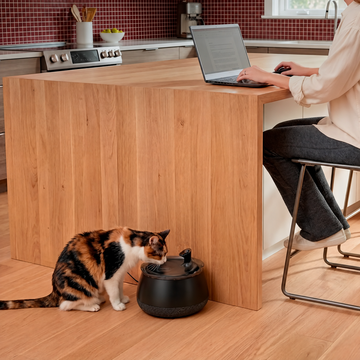Cat beside the low-noise fountain in a home setting