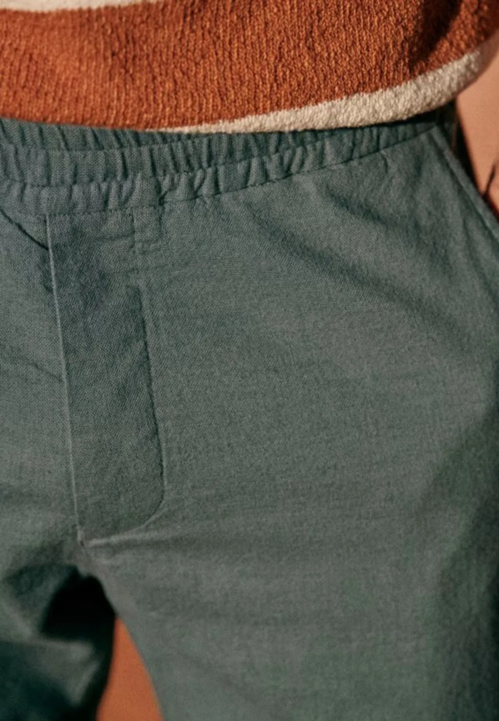 Olive Green Cotton Linen Blend Drawstring Trousers
