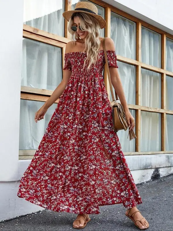 Women'S Frenchy Style Split Thigh A Line Vintage Shortsleeve Dress,