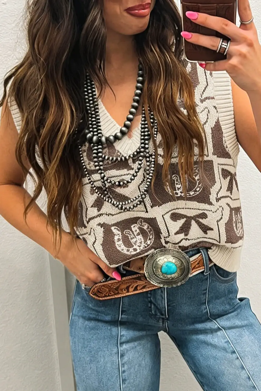 Western Horseshoe Bow Print V-Neck Relaxed Sweater Vest