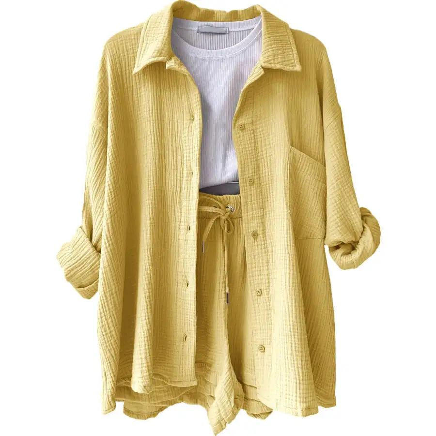 Relaxed Textured Button Up Shirt and Shorts Set