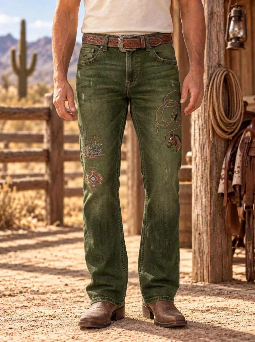 Men's Western Cowboy Horse Cactus Aztec Printed Jeans