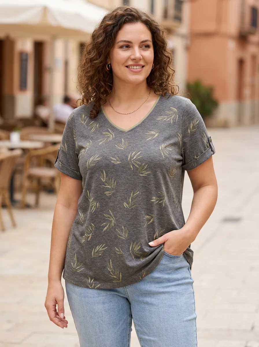 Women's Plus Size Botanical Leaf Printed V-neck T-shirt