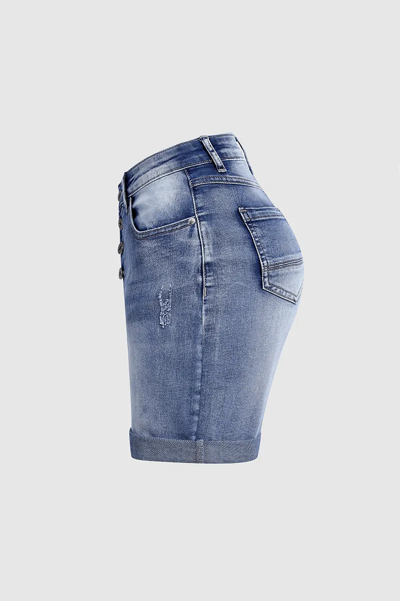 Button Fly Ripped Denim Shorts Without Belt