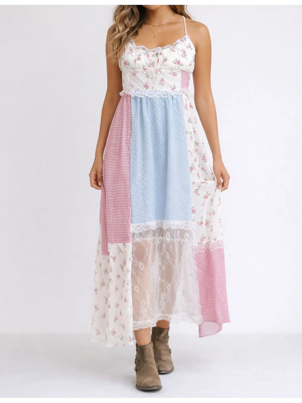 Boho Lace Patchwork Halter Neck Midi Dress