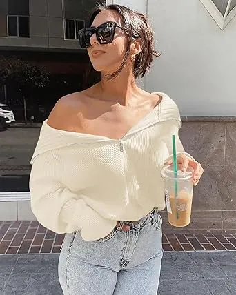 🔥Last day promotion⏰Women's 2525 Quarter Zip Pullover V Neck Collar Long Sleeve Ribbed Knit Loose Casual Sweater