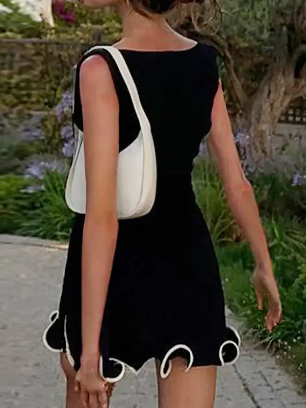 High Waisted Sleeveless Ruffle Trim Solid Color Round Neck Mini Dress