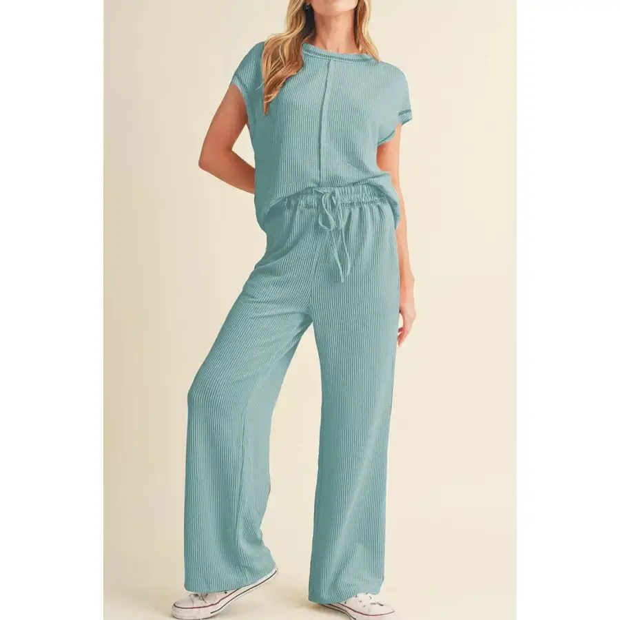 Solid Corded Short Sleeve Top and Casual Pants Set