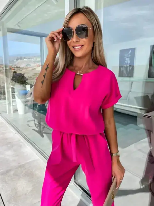 Short Sleeved V Neck Slip Pocket Shorts
