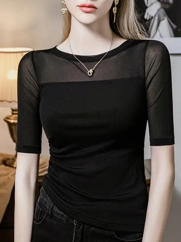Half Sleeve Curve Fit Asymmetric Pleat Detail Panel Detail Round Neck T-Shirt