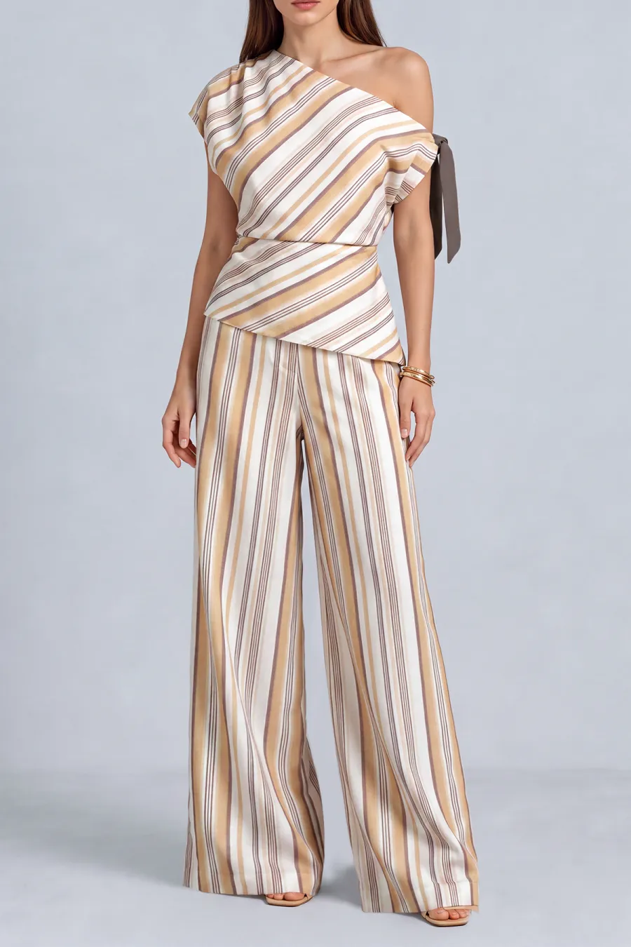 One Shoulder Striped Matching Pants Set