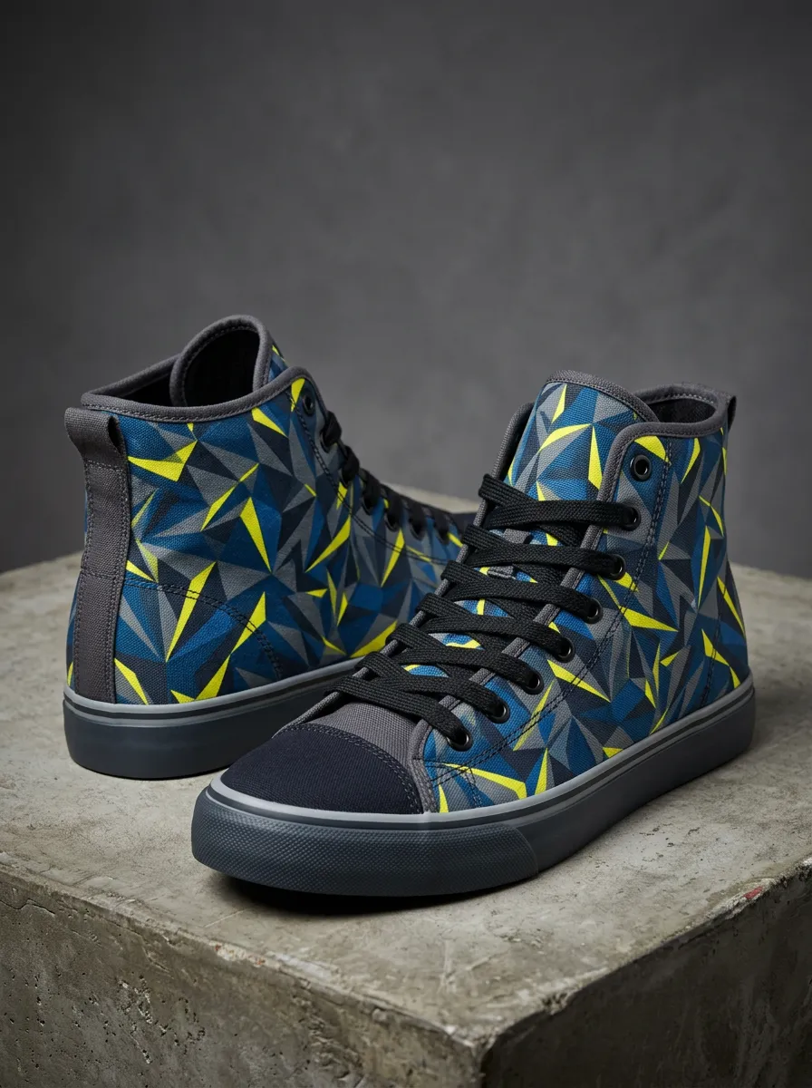 Men's Geometric Pattern Blue Yellow Printed Canvas Shoes