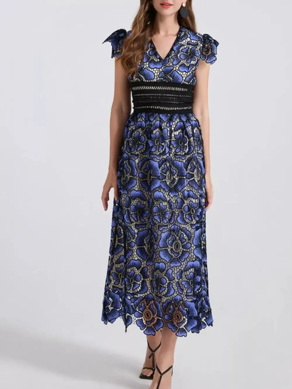 Printed V Neck Ruffle Midi Dress
