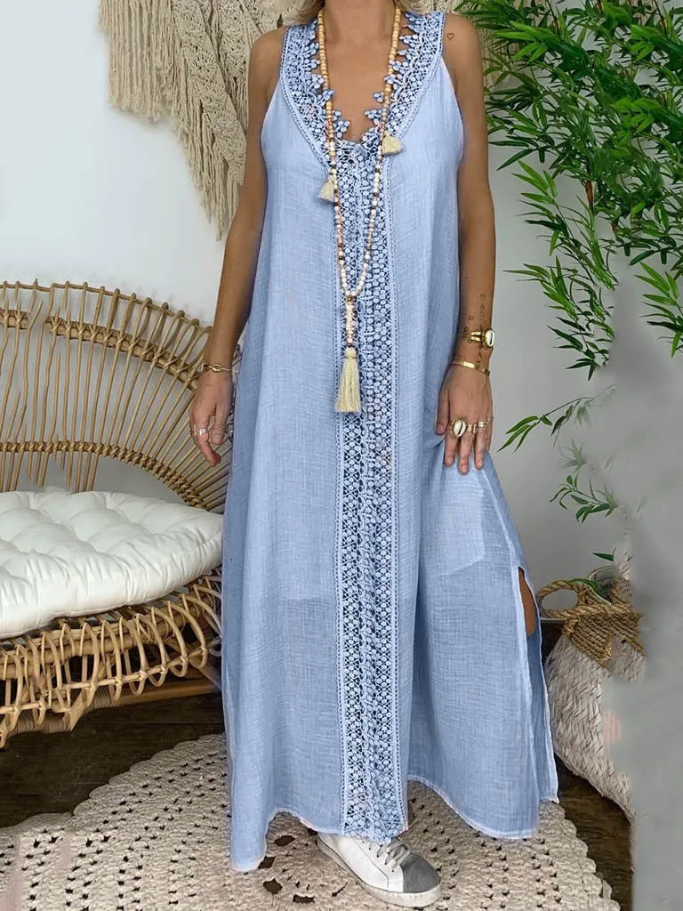 Women's Dresses Casual V-Neck Lace Panel Sleeveless Dress