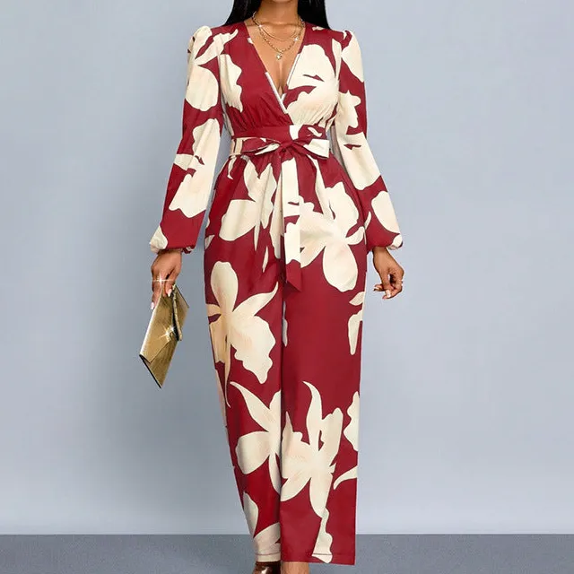 Women's V-Neck Long-Sleeve Floral Belted Maxi Dress